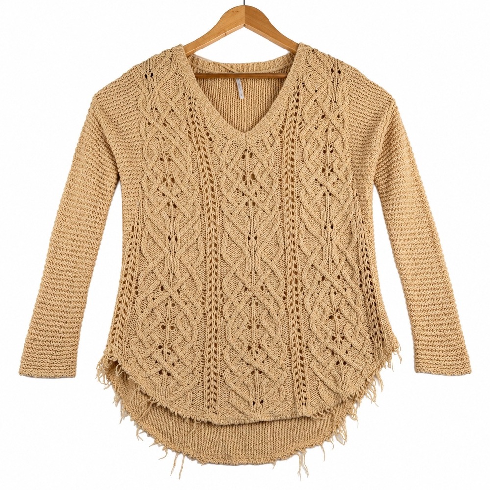 Free People Sweater Womens M Beige Excellent Cable Knit Fringe V-Neck Cotton